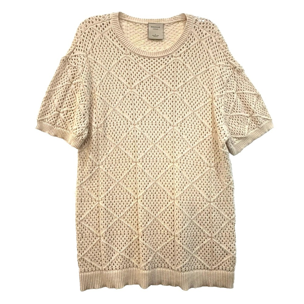 Massive Luxury Crochet Open Knit Short Sleeve Tunic Cream‎ Sweater Size L